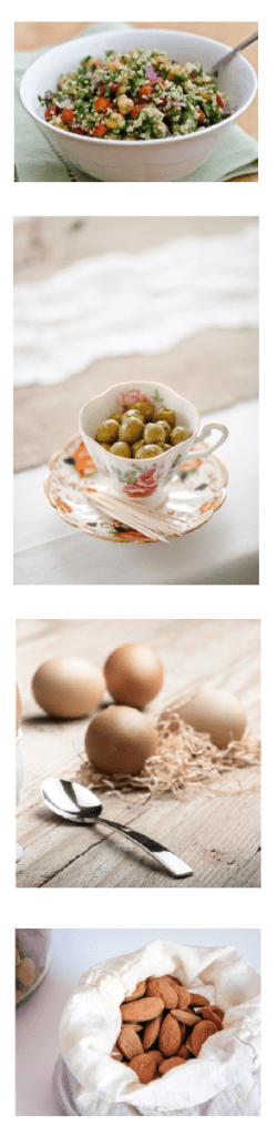Picture of snack management options for bedtime snacks like hardboiled eggs, olives, and bulgar salad