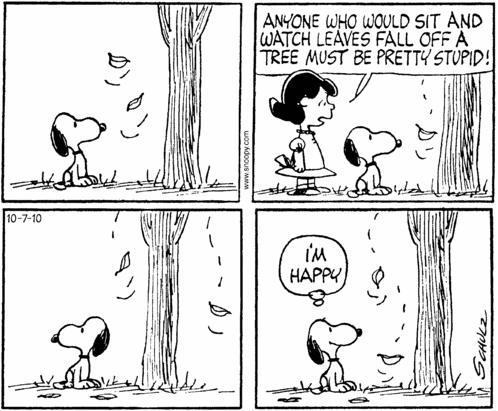 Cartoon of Snoopy not giving a shit what anyone thinks, happiness is just being himself.